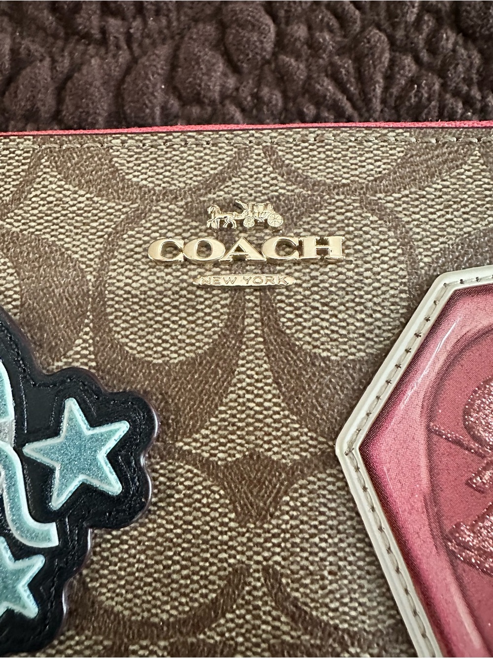 Coach Brown Monogram Zip Wallet with Pink & Blue Patch Accents EUC - Picture 3 of 7